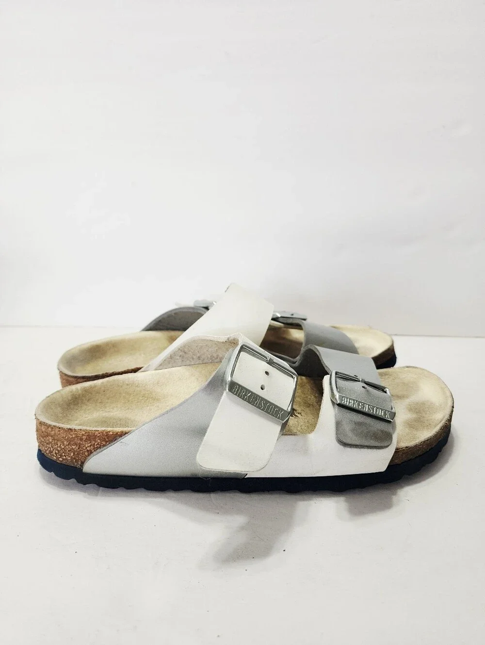 Birkenstock Arizona Two-Strap Sandal in Silver/White Size 39